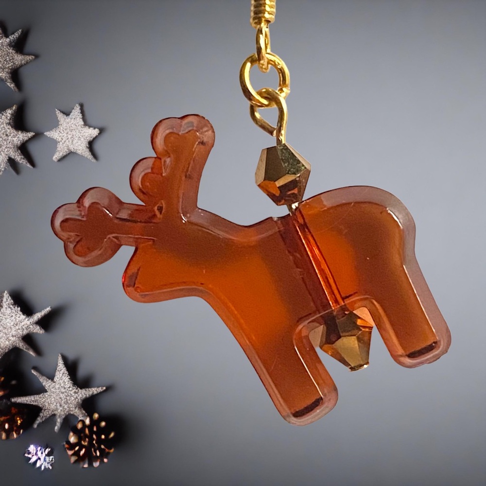 Handmade Earrings Reindeer Holiday Dangle Brown Jewelry Christmas Pierced - Picture 3 of 6